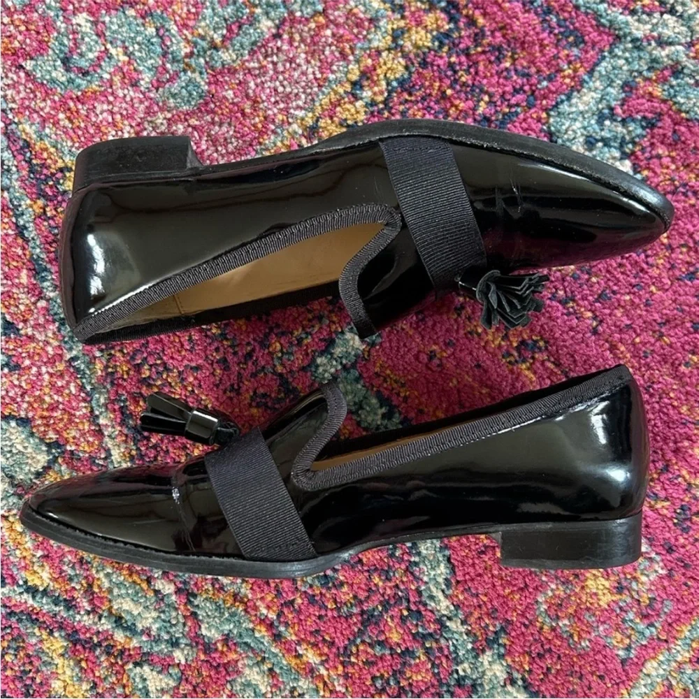 Zara | Women’s Elegant Black Patent Tassel Loafers Low Heel, Euro Size 38 US 7.5